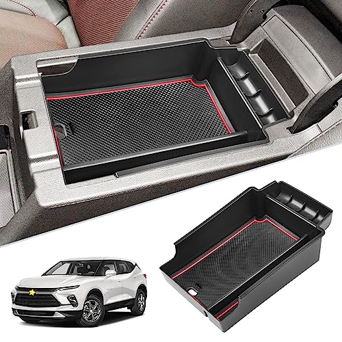 SKTU for 2019-2024 2025 Chevrolet Blazer Center Console Organizer 2024 2025 Chevy Blazer Accessories ABS Black Materials Tray Armrest Secondary Storage Box with Coin and Glass Holder (Red) - color: 2019-2025 Blazer