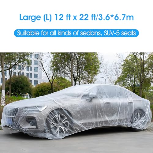 4 Pack Disposable Car Covers, Clear Plastic Car Cover Universal Vehicle Cover Rain Dust Garage Cover Car Protective Cover with Elastic Band Medium for Sedan Outdoor Snow Rain Weather(12 ft x 22 ft)