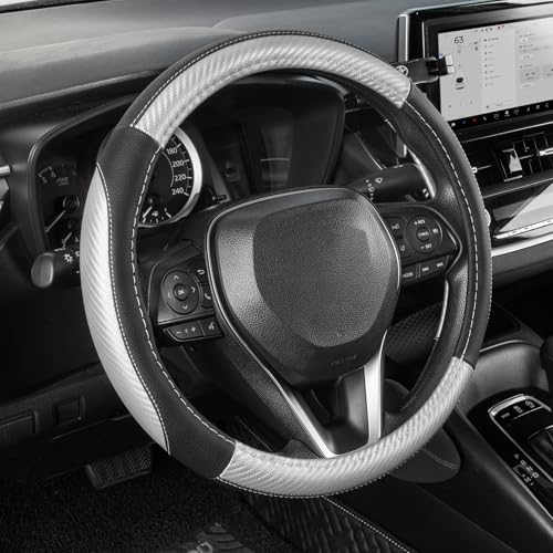 SEG Direct Steering Wheel Cover for Car, Standard Size 14.5-15 inch, Auto Interior Accessories, Black with Sliver Carbon Fiber Pattern - color: Black and Sliver, size: Standard size[14 1/2''-15'']