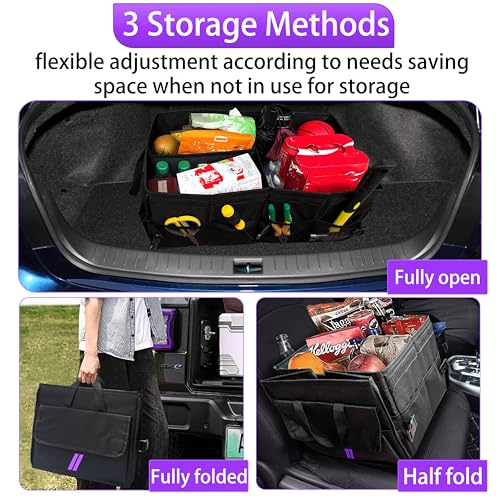 YOSRTER for Dodge Charger Durango Challenger Ram Car Trunk Organizer Collapsible Storage Box with Handle Foldable Lid Non Slip Bottom Sturdy Base Panel 2 Compartment Purple Trim - color: Purple Trim