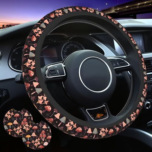 Mushroom Steering Wheel Cover Woodland Mushroom Fern Steering Wheel Cover Breathable Universal for 15 Inch Anti-Slip Car with 2 Pieces Car Coasters Suitable for Men Women Mushrooms - color: Mushroom
