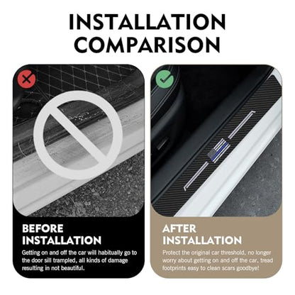 4 PCS Car Door Sill Protector, American Flag Design Leather & Carbon Fiber Style Anti-Scratch Car Scuff Plate Sticker, Universal for Most Cars SUVs Trucks (Black)