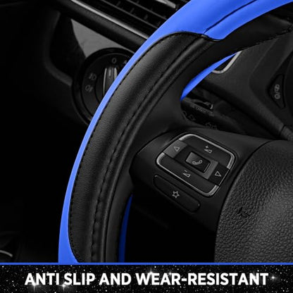 Road Comforts Leather Steering Wheel Cover - Made with PVC Leather - Anti-Slip, Universal Fit 14 1/2 inches to 15 inches - Blue - color: Blue