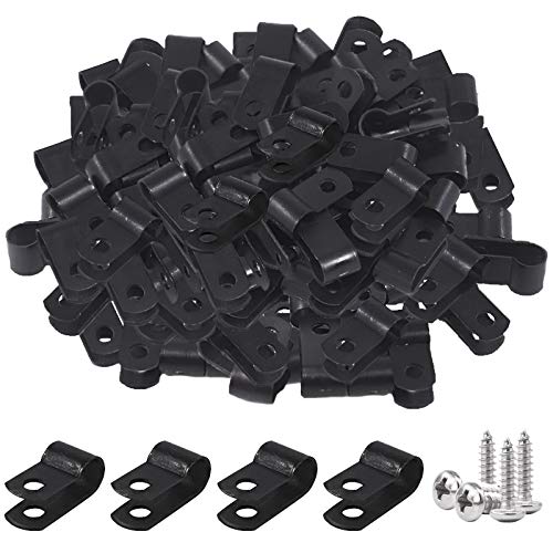 Glarks 120Pcs 1/4 Inch Black Nylon Screw Mounting R-Type Cable Clip Wire Clamp with 120Pcs Screws for Wire, Cable, Conduit and Cable Conduit Kit (Black) - size: 1/4''(6mm)