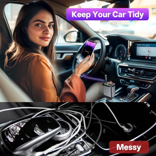 Retractable Car Charger, 4 in 1 Fast Charging Car Charger USB-C & USB-A Compatible with iPhone 16/15/14/13/12/11/X,Galaxy,Pixel - color: dark gray(red starry sky light)