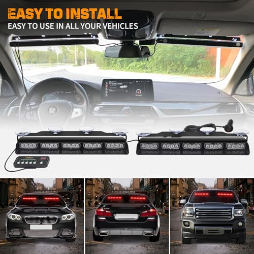XRIDONSEN 2x 17 inch Red Emergency Lights Bar 40 LED Dash Visor Interior Front/Rear Windshield Strobe Lights Safety Flashing Warning Hazard for Ambulance Firefighter Police Vehicles Trucks Car - color: Red
