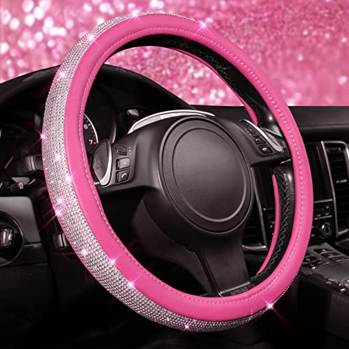 CAR PASS Diamond Pink Leather Steering Wheel Cover, with Bling Crystal Rhinestones Universal Fit 14" 1/2-15" Crystal Glitter for Women Sparkle Girl Fit Suvs,Vans,Sedans,Cars,Trucks, Pink Diamond - color: Pink Leather Diamond