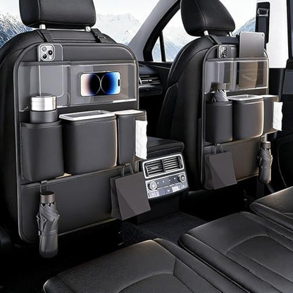 2 Pack PU Leather Premium Car SeatBack Organizer Travel Accessories Kick mats Back seat Protector and Cup Holder Holder Universal Use Seat Covers