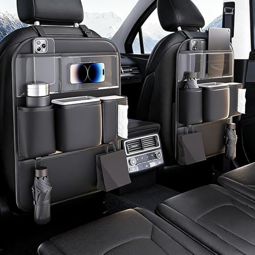 2 Pack PU Leather Premium Car SeatBack Organizer Travel Accessories Kick mats Back seat Protector and Cup Holder Holder Universal Use Seat Covers