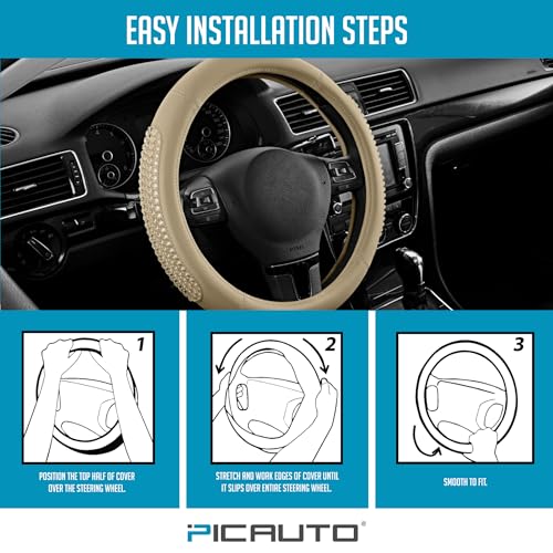 PIC AUTO Steering Wheel Cover, Glitter Gel Particles & Beige Luxury Leather Car Steering Cover, Universal Fit 14.5"-15.5" Anti-Slip Car Wheels Cover for Girls & Women - color: Beige