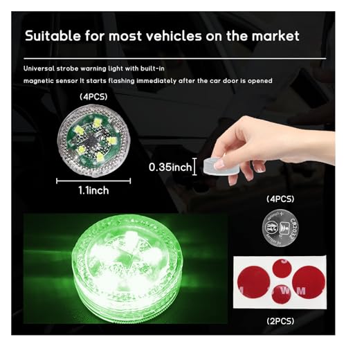 Dickno 4 PCS Wireless Car Door LED Warning Lights, 5 LED Roadside Auto Flashing Safety Signal for Anti Rear End Collision, Universal Strobe Light for Car SUV Truck (Green) - color: Green