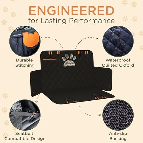 Pet Seat Cover for Back Seat – Waterproof Backseat Cover for Dogs in Car with Mesh Window, Oxford Fabric, Storage Pocket, Side Flaps & Carry Handles