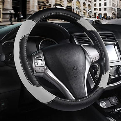 Leather Car Steering Wheel Cover, Non-Slip Car Wheel Cover Protector Breathable Microfiber Leather Universal Fit for Most Cars(Grey) - color: Grey