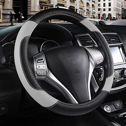 Leather Car Steering Wheel Cover, Non-Slip Car Wheel Cover Protector Breathable Microfiber Leather Universal Fit for Most Cars(Grey) - color: Grey