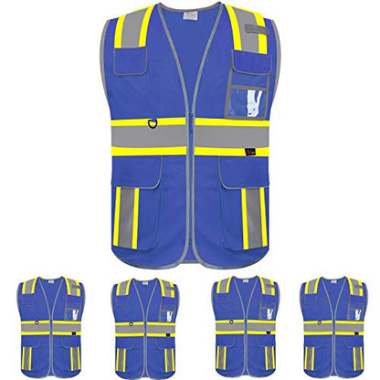 zojo High Visibility Safety Vest, 5PCS,Reflective with Multi-Functional Pockets and Zipper,for Men Women work(Blue-Strip) - color: Blue-strip