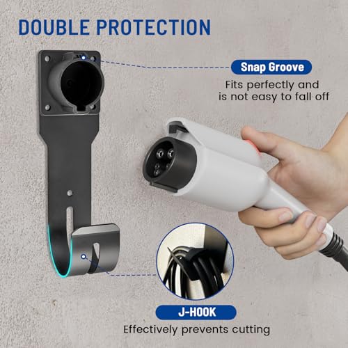 Anina EV Charger Holder for SEA J1772 Connector J Hook Car Nozzle Holster Dock Wall Mount Electric Vehicle Cable Organizer Compatible with Ford BMW Nissan Audi Heavy Duty Steel