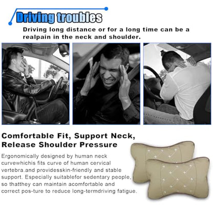 2PCS Car Neck Pillow, Breathable Car Head Neck Rest Cushion, Soft Pillow for Relieving Stiffness, Comfort Car Seat Neck Support Pillow (Beige) - color: Beige