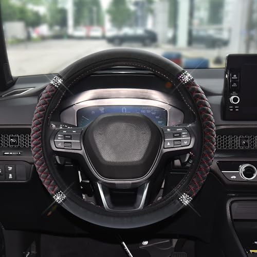 Bling Soft Leather Steering Wheel Cover, 15 Inch Colorful Rhinestones Auto Elastic Steering Wheel Protector for Women Girls, Car Accessories Anti Slip Steering Wheel Cover for Cars, SUVs (Black red) - color: Black red