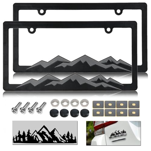 Mountain License Plate Frames - Plastic Car Tag Holders with Raised Mountain Design, Gray on Black, 2 Pack 2 Hole with Screws & Caps, Mountain Vinyl Sticker Included - color: Grey