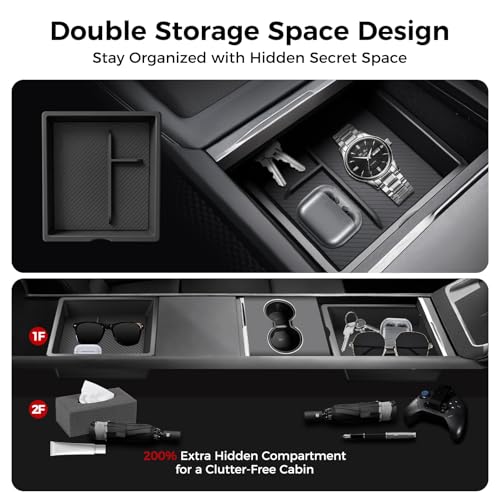 Center Console Organizer 5PCS Compatible with Tesla Model Y Juniper2026, Armrest Storage Tray, Hidden Storage Box, Cup Holder, Phone Holder – Interior Accessories for New Model Y/3 2025