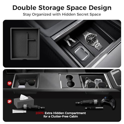 Center Console Organizer 5PCS Compatible with Tesla Model Y Juniper2026, Armrest Storage Tray, Hidden Storage Box, Cup Holder, Phone Holder – Interior Accessories for New Model Y/3 2025