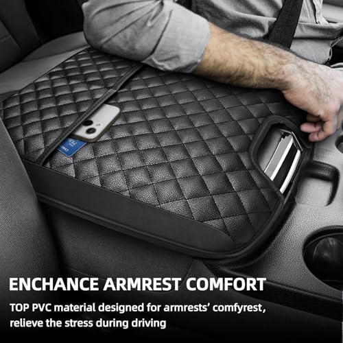 Center Console Cover Compatible with 2013-2018 Dodge Ram 1500 & 2013-2024 Ram 2500/3500/1500 Classic Model for Jump Seat Console, Comfortable Leather Middle Console Cover Lid with Pocket - style: A: Jump Seat Console 2013-2018 Ram Black Leather（with 2 Fro