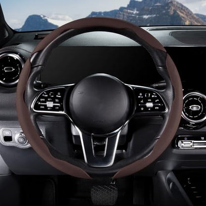 Car Steering Wheel Cover Leather Snap On 3Pcs Set Non-Slip Protector Wrap Steering Wheel Accessories 14.5-15 inch Universal Brown - color: Brown