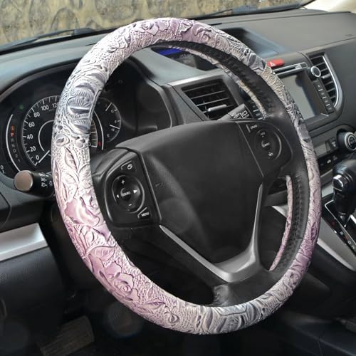 Car Steering Wheel Cover Universal 15 Inch Middle Size Auto Anti-Slip Leather Wheel Protector with Flower Grain Design White Style - color: White
