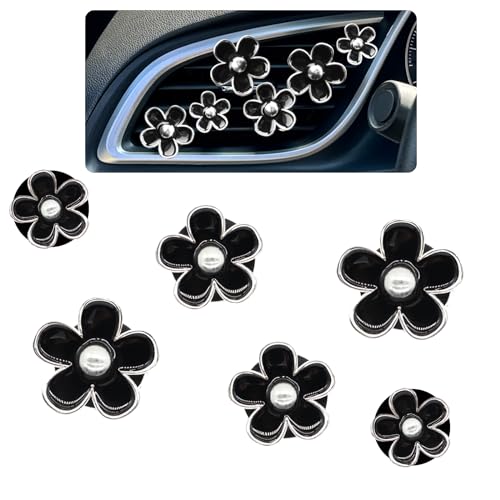 ORIESSE 6pcs Flower Car Air Freshener Vent Clips,Girly Daisy Car Accessorie for Women,3 Sizes Sparkle Black Silver Flowers Vent Clips Decor,Refillable Diffuser