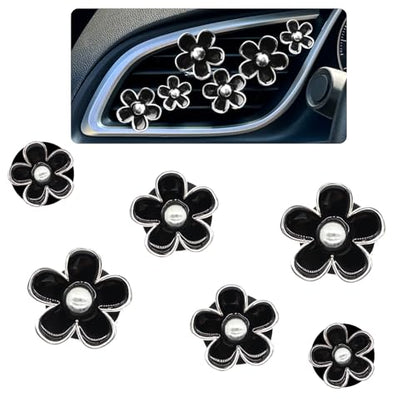 ORIESSE 6pcs Flower Car Air Freshener Vent Clips,Girly Daisy Car Accessorie for Women,3 Sizes Sparkle Black Silver Flowers Vent Clips Decor,Refillable Diffuser