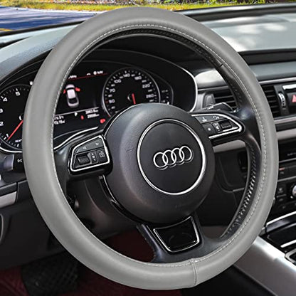 Haokay Heavy Duty Pure Cowhide Steering Wheel Cover SUV Car, Gray Genuine Leather Steering Wheel Cover Men Women Universal 14.5 to 15 Inch - color: GREY-1