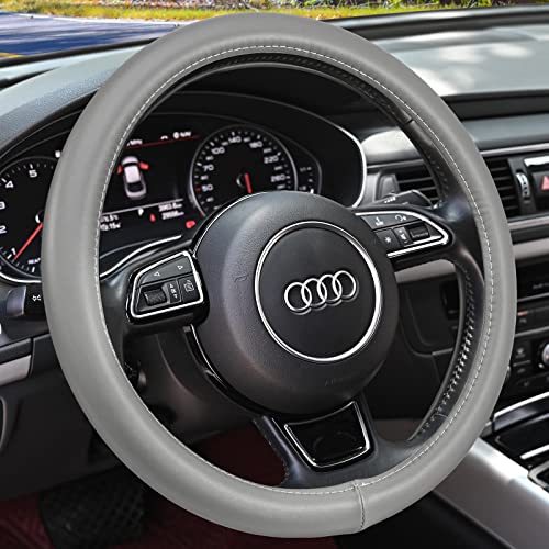 Haokay Heavy Duty Pure Cowhide Steering Wheel Cover SUV Car, Gray Genuine Leather Steering Wheel Cover Men Women Universal 14.5 to 15 Inch - color: GREY-1