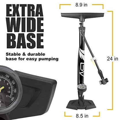 BV Bicycle Pump Durable Bike Floor Pump 17/24 inch Smart Valve Head, 160 psi, Automatically Reversible Presta and Schrader - style: Black- Full Size