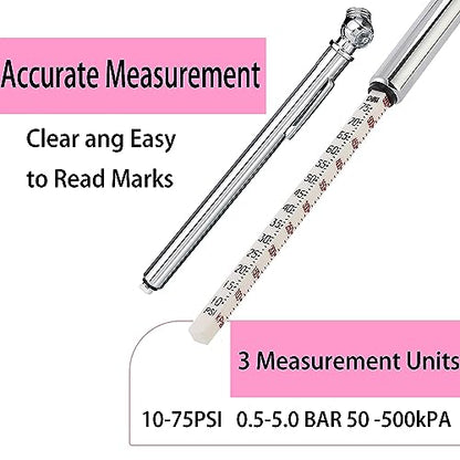 PINKJOY Pencil Tire Pressure Gauge (10-75PSI) Stainless Steel Body and Metal Made Nozzle 3 Measurements for Vehicles (3 Pack)