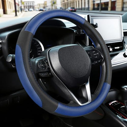 SEG Direct Car Steering Wheel Cover for Prius Civic Model 3 Model Y Camaro, Small Size 14-14.25 inch, Black and Blue Microfiber Leather - color: Black and Blue, size: Small size[14''-14 1/4'']