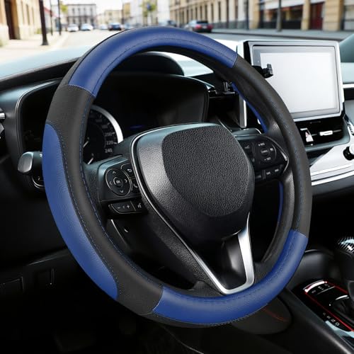 SEG Direct Car Steering Wheel Cover for Prius Civic Model 3 Model Y Camaro, Small Size 14-14.25 inch, Black and Blue Microfiber Leather - color: Black and Blue, size: Small size[14''-14 1/4'']