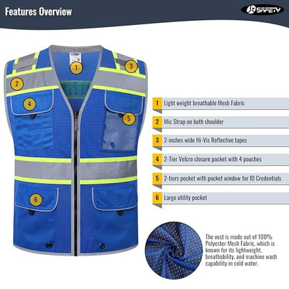 JKSafety Hi-Vis Unisex Surveyor Safety Vest Heavy Duty PPE Inner Pockets ANSI/ISEA Compliant - color: Jk189-blue, size: Large