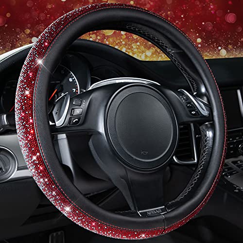 CAR PASS Bling Diamond Leather Steering Wheel Cover, Bling Sparkly Crystal Glitter Rhinestones Universal Fit 14" 1/2-15" Car Wheel Protector for Women Girl Fit Suvs,Vans,Sedans,Trucks, Red Silver - color: Red Silver Diamond