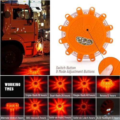HEIGPAN GP903B Rechargeable LED Road Flares 3 Pack, USB-C Emergency Warning Lights with Magnetic Base, 9 Modes Flashing Beacon for Car Truck Boat – No Batteries Needed - color: USB-3pack