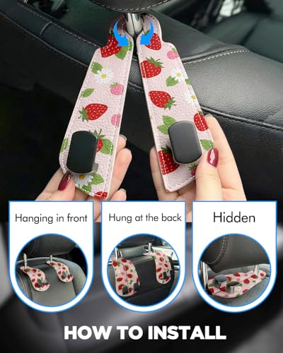 WOCOCN 2 Pack Car Purse Hook for Car Seat Headrest, Double-Sided PrintingPU Leather Purse Holder with Metal Hook, Cute Car Accessories for Women, Men (Car Hook - Strawberry A) - color: Car hook - Strawberry A