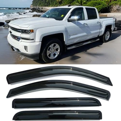 Dark Smoke Tape On Side Window Rain Guards Vent Sun Visor Window Deflectors for Chevrolet Silverado & GMC Sierra 1500 2500HD 3500HD 2014-2018, with Crew Cab Sun Shades 4pcs - size: For 2014-2018 Silverado/Sierra Crew Cab