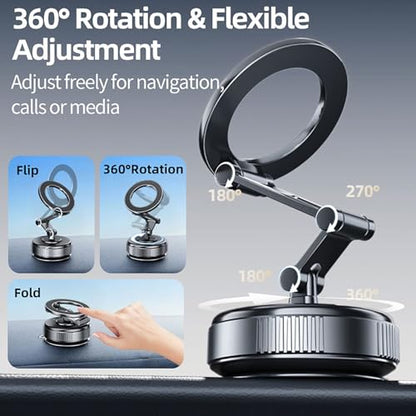 Vacuum Magnetic Car Phone Holder Compatible with MagSafe, 360° Adjustable Reinforced 110+LBS Suction Cup Phone Mount, Foldable Car Phone Holder for iPhone 17 Pro Max/16/15/14/13/12 & Android - color: Space Gray