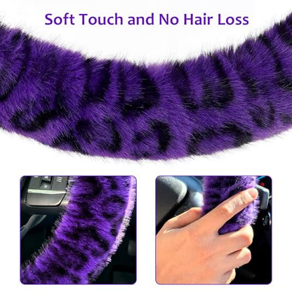 Accmor Fuzzy Car Steering Wheel Cover, Universal Fit Fur Car Wheel Cover & Handbrake Cover & Gear Shift Cover Set, Fluffy Fashion Leopard Print Auto Steering Wheel Protector for Women Girls(Purple) - color: Purple/Dark Leopard