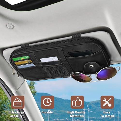 Car Sun Visor Organizer, Sunglasses Holders for Car Sun Visor, Storage Travel Document Holder with Multi Pocket Net Zipper, PU Auto Interior Accessories Universal for Car SUV Truck