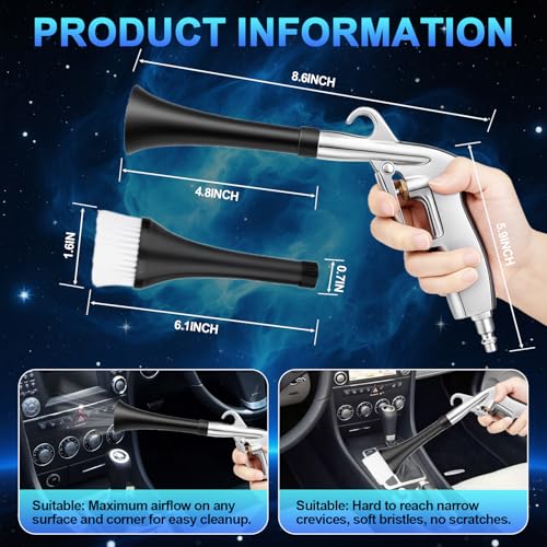 2 Nozzles Air Cleaning Gun, Dry Cleaning Gun Quickly Blasts Dust, Dirt and Grime from Surface, Dryer Air Blow Gun Works with Air Compressor, Car Detailing Tool for Interiors Exteriors Deeply Cleaning