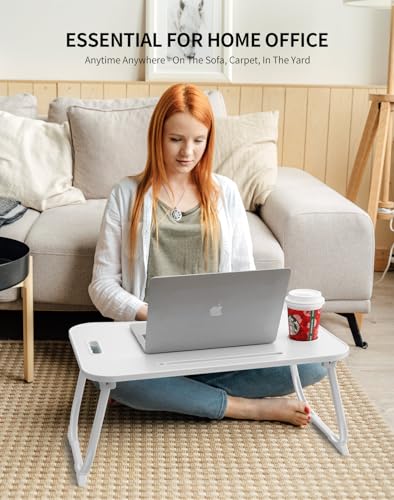 ZEAPTAC Laptop Bed Desk, Foldable Lap Desk, Portable Lap Table, Laptop Stand with Cup Holder & Tablet Slot & Lifting Handle for Working Writing Drawing & Eating - White - color: White