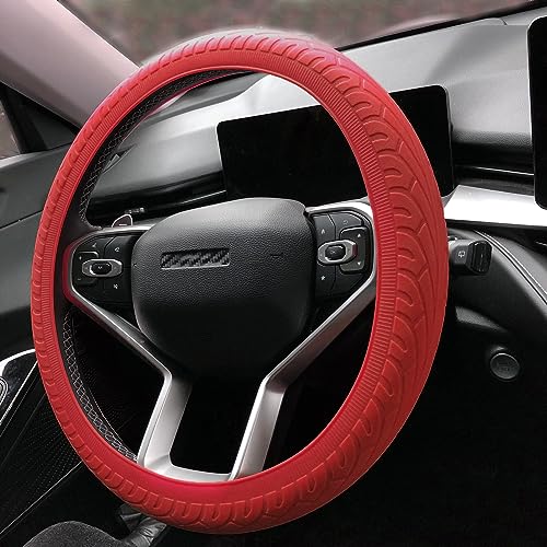 Universal Steering Wheel Cover：13.5 to 15 Inches Stretchable Silicone Anti Skid Steering Wheel Protector Fit for Most Car Models Including Round D Shape or Special Shape (Red) - color: Red