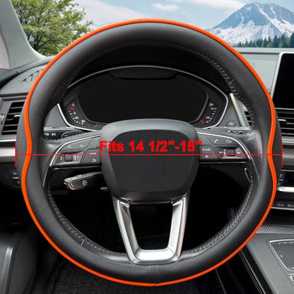 HAOTULE Leather Steering Wheel Cover， with Anti-Slip Stripe Design - Enhanced Grip, Fashion Style, Safe, Non-Slip, Breathable. Upgrade car Interior，Orange - color: Black Orange