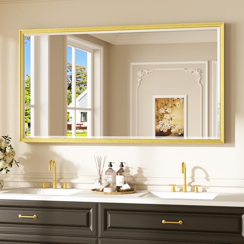 Keonjinn 55" x 30" Gold Bathroom Mirror, Brushed Gold Metal Framed Mirrors, Beveled Tempered Glass, Shatterproof, Aluminum Alloy, Decorative Rectangular Vanity Mirror, Wall Mirrors for Over Sink - color: Gold, size: 30"L x 55"W
