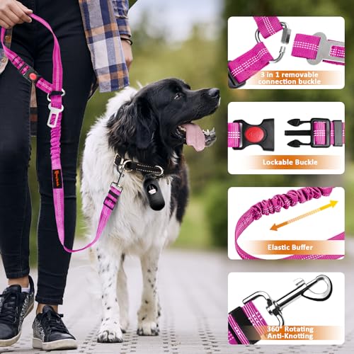 Removable Dog Seat Belt Harness for Car, 3 in 1 Pet Dog Car Seatbelt Leash, Retractable Restraint Secures to Vehicle Headrest & Adjustable Reflective Bungee Dog Seatbelt Tether, Rose and Black - color: Black+Rose